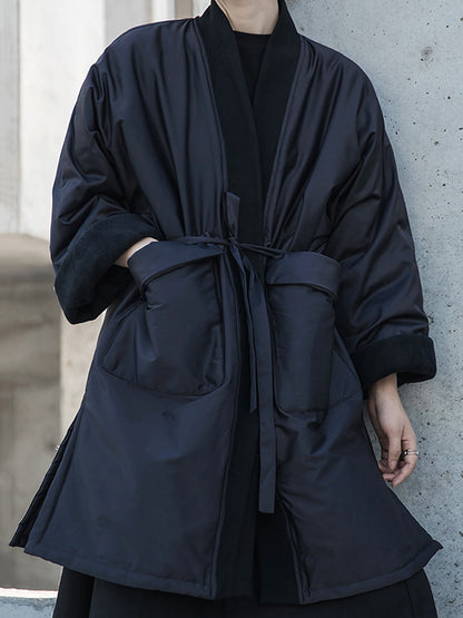 Fashion Solid Color Split-Side Long Sleeves Bandage  Cotton-Padded Coat