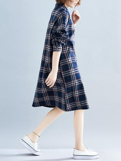Loose Plaid Lapel Blouse Dress