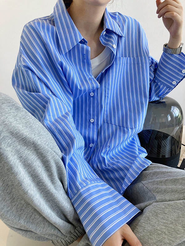 Chic Simple Striped Buttoned Split-Joint With Pocket Lapel Collar Long Sleeves Blouse