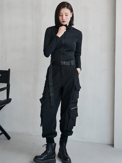 Sports Solid Color Zipper Stand Collar Long Sleeves Outwear