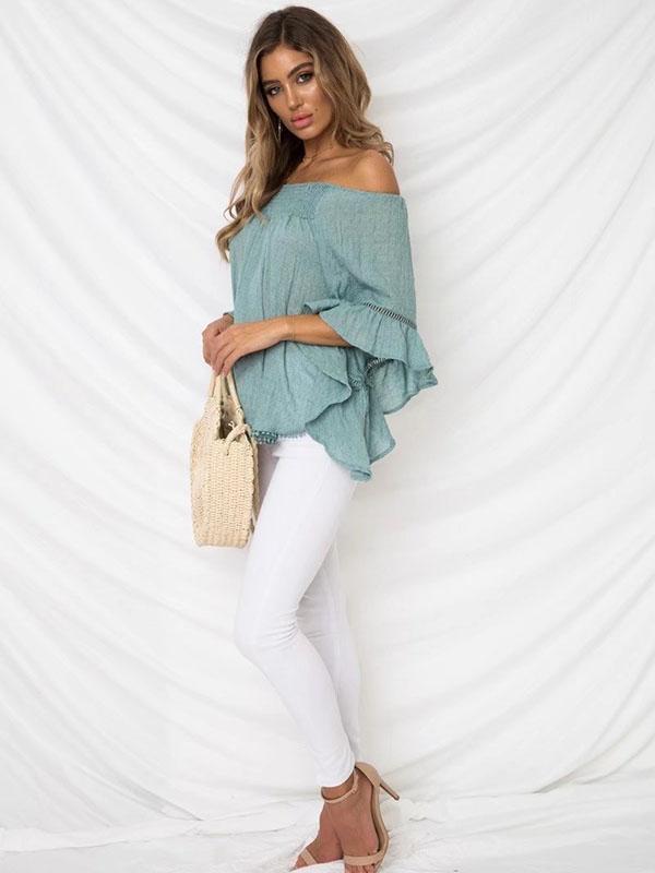 Solid Color Off-the-shoulder Backless Falbala Blouses&shirts Tops