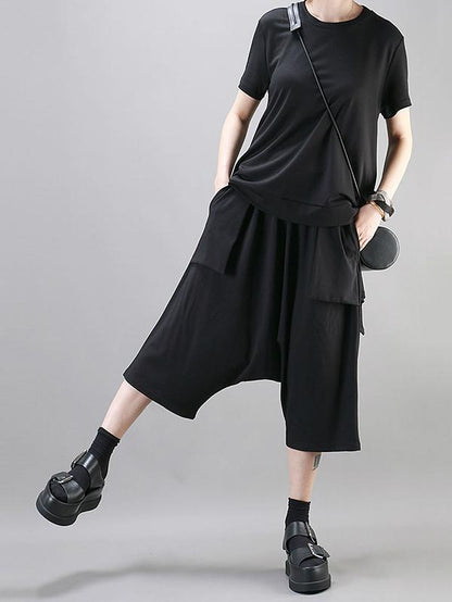 Simple Black Large Pockets Harem Pants