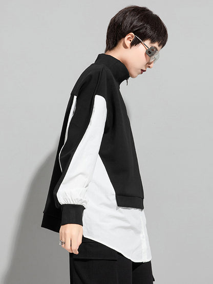 Stylish Split-Joint False Two Long Sleeves Zipper Stand Collar T-Shirt