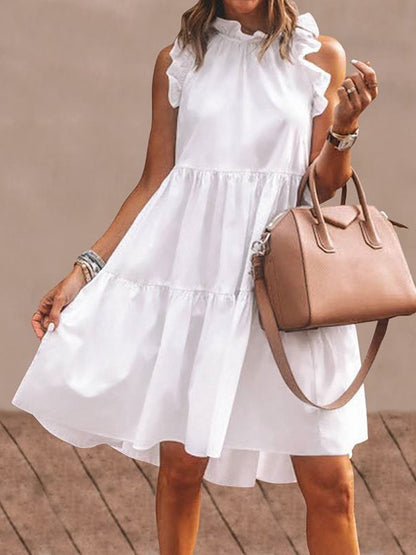 Stylish Solid Color Falbala Sleeveless Stand Collar Midi Dress