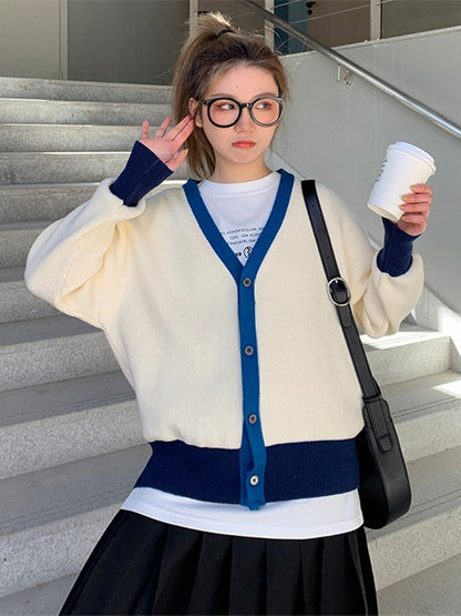 Causal Contrast Color Buttoned V-Neck Long Sleeves Cardigan Outwear