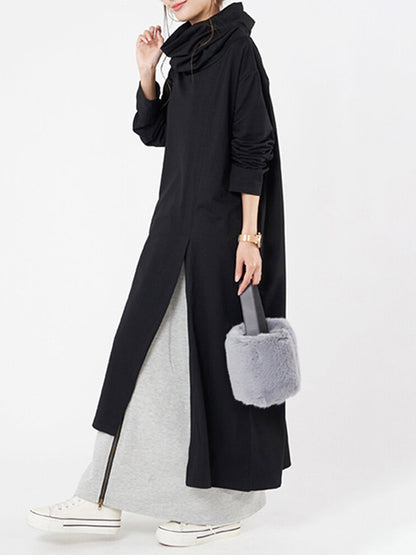 Casual Solid Color Split-Side Heaps Collar Long Sleeves Midi Dress