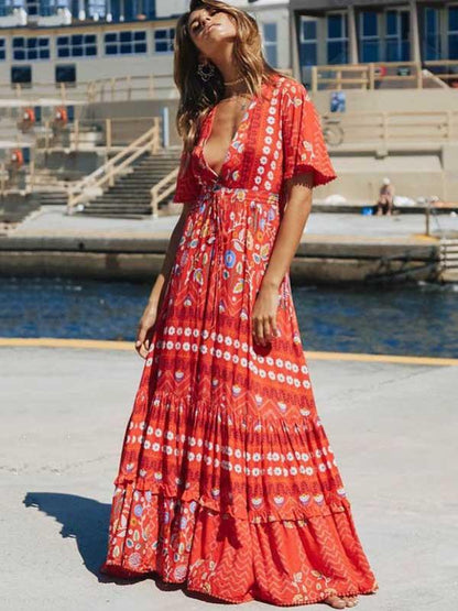 Split-joint Printed Bohemia Maxi Dress