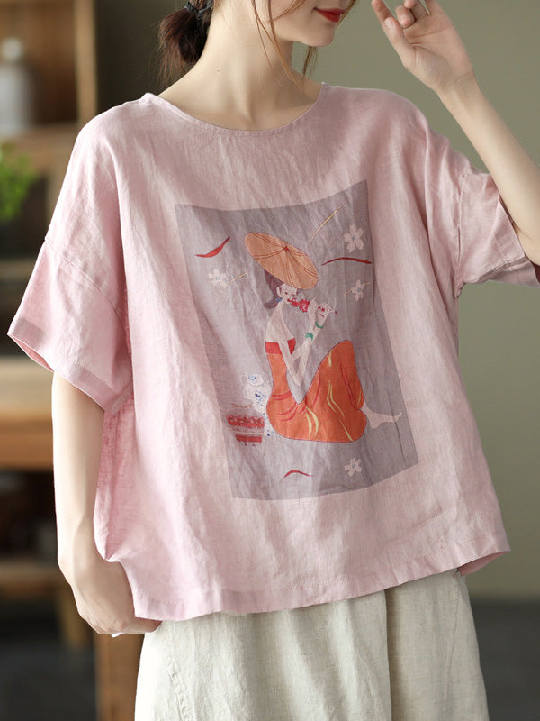 Ramie Cotton Printing Round-Neck T-Shirts Tops