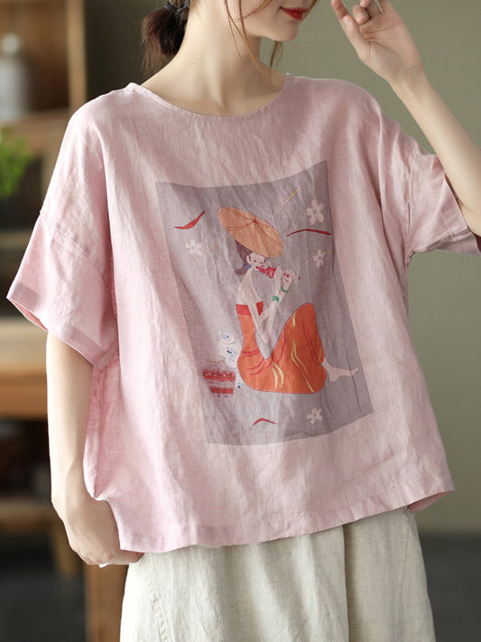 Ramie Cotton Printing Round-Neck T-Shirts Tops