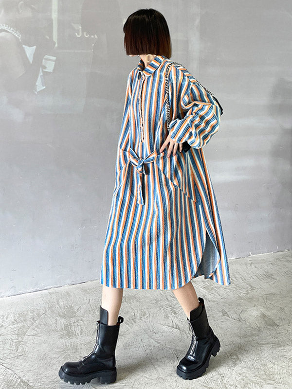 Original Stylish Striped Contrast Color Tied Buttoned Split-Side Lapel Collar Long Sleeves Midi Shirt Dress