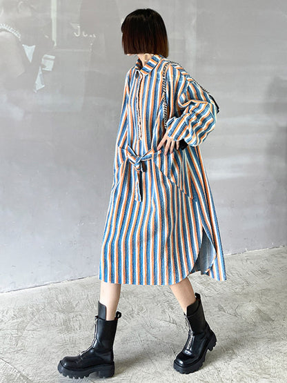 Original Stylish Striped Contrast Color Tied Buttoned Split-Side Lapel Collar Long Sleeves Midi Shirt Dress