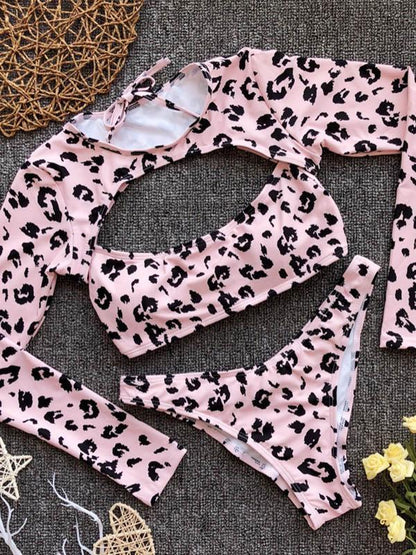 Leopard Long Sleeves Three Pieces Bikinis Swimwear