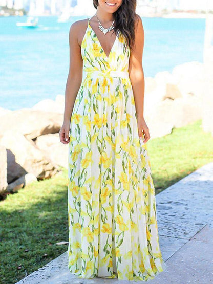 V-neck Backless Floral Printed Maxi Dress