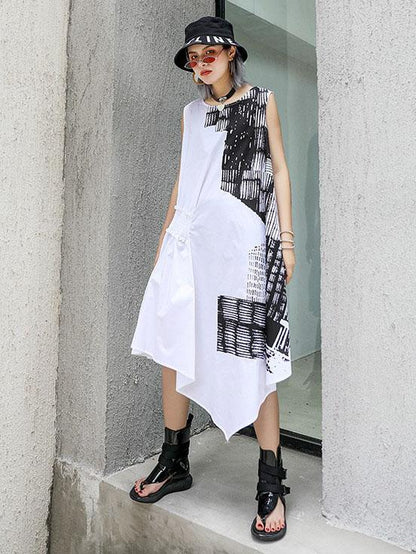 Asymmetric Printed Ruffled Sleeveless Dress