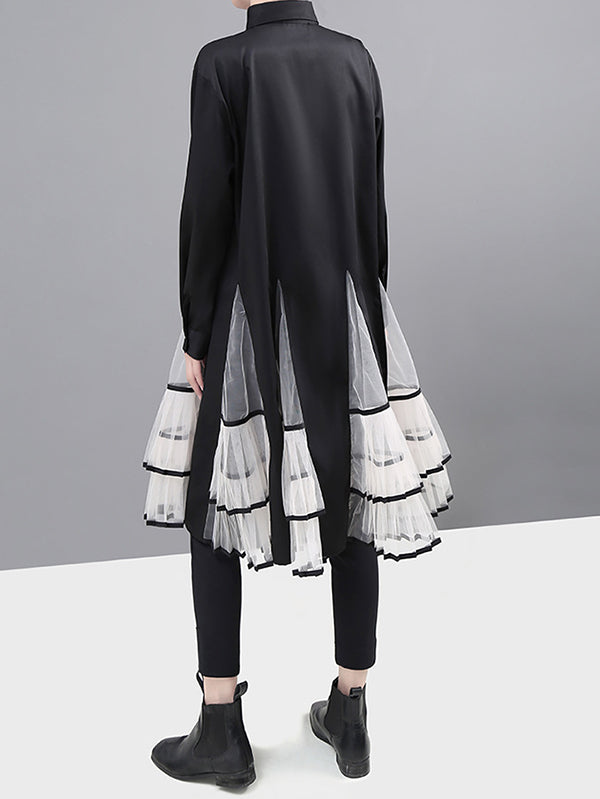 Loose Stitching Mesh Lapel Dress