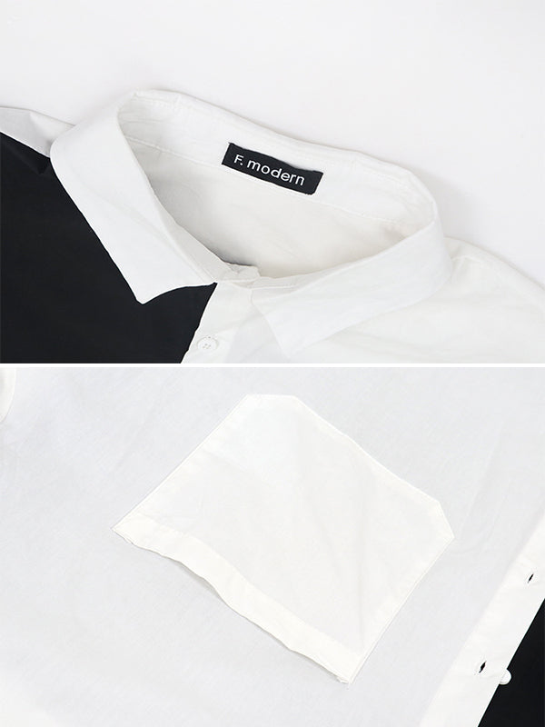 Original Contrast Color Split-Joint With Pocket Buttoned Lapel Color Long Sleeves Blouse