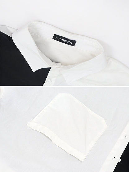 Original Contrast Color Split-Joint With Pocket Buttoned Lapel Color Long Sleeves Blouse