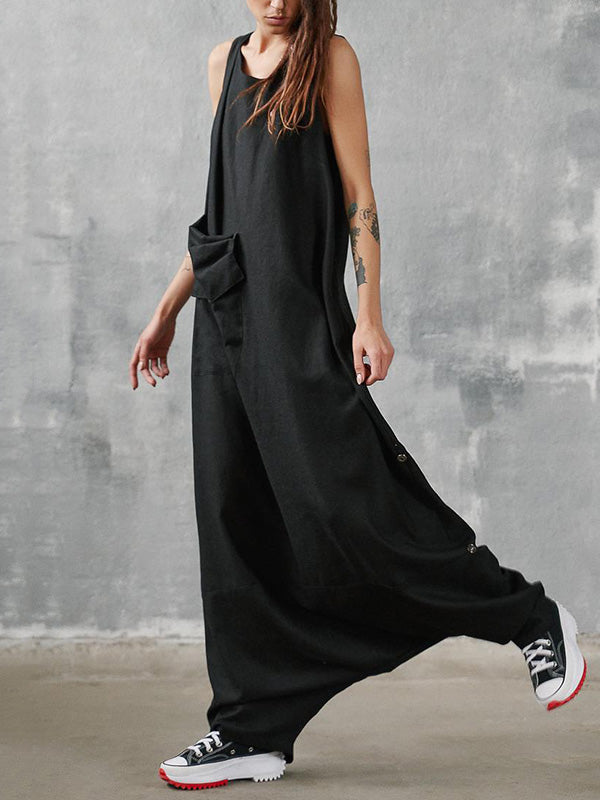 Hip-Hop Stylish Black Sleeveless With Pocket Low Crotch Jumpsuits