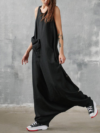 Hip-Hop Stylish Black Sleeveless With Pocket Low Crotch Jumpsuits