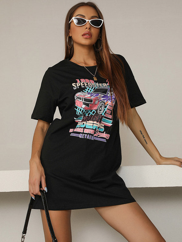 Casual Black Printed Round-Neck Short Sleeves T-Shirts