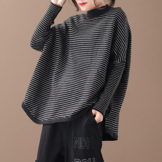 Buykud Loose Literary Half-high Collar Striped Knitted Shirt