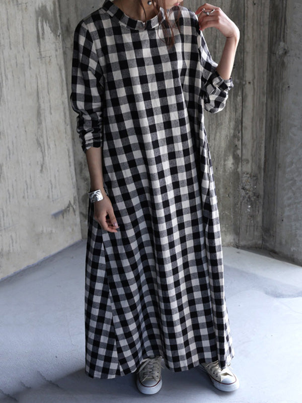 Artistic Retro Loose A-Line Plaid Stand Collar Long Sleeves Maxi Dress