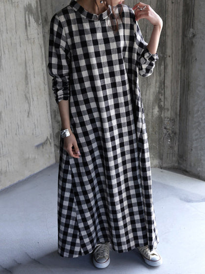 Artistic Retro Loose A-Line Plaid Stand Collar Long Sleeves Maxi Dress