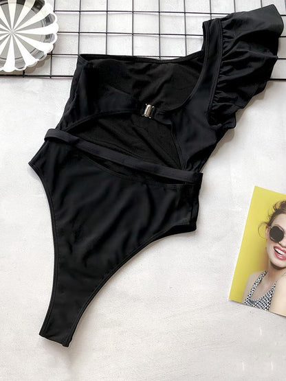 Falbala One Shoulder Plain One Piece Swimsuit