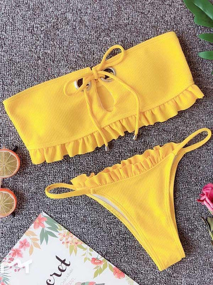 Falbala Lace-Up Bikinis Swimwear