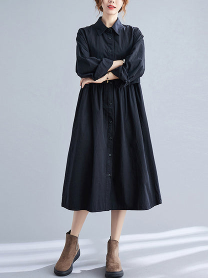 Casual Solid Color Pleated Buttoned Lapel Collar Long Sleeves Midi Shirt Dress