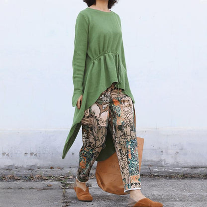 Buykud Solid Color Irregular Drawstring Casual Shirt