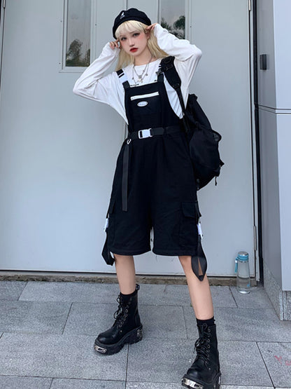 Cool Street Split-Joint With Pocket Zipper Printed Square-Neck Wide Legs Overalls
