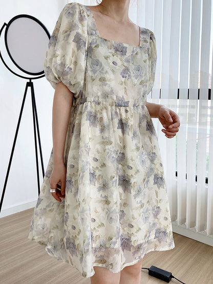 Original Floral Printed Square-Neck Puff Sleeve Mini Dress