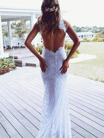 Lace White V-back Evening Dress