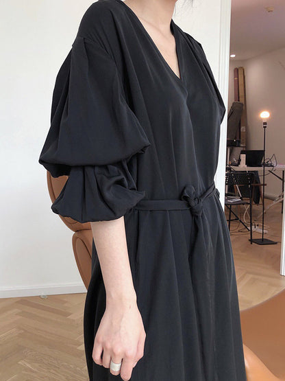 Fashion Split-Front Puff Sleeves V-Neck Midi Dress