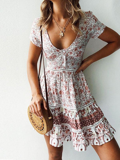 Sexy V-neck Printed Skirt Mini Dresses