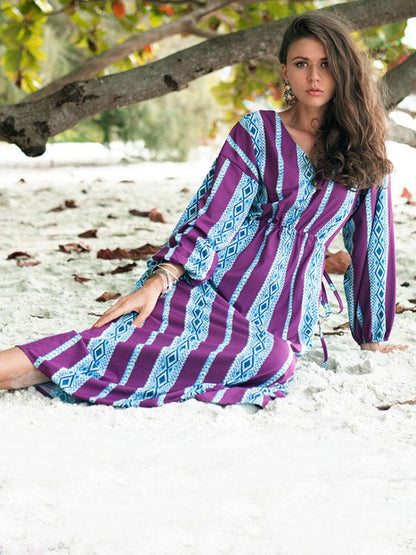 Striped Printed V-neck Belted Maxi Dress