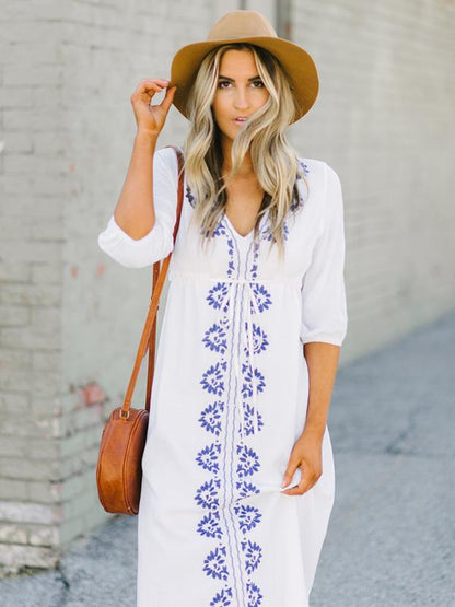 Bohemia Embroidered Floral V Neck Midi Dress