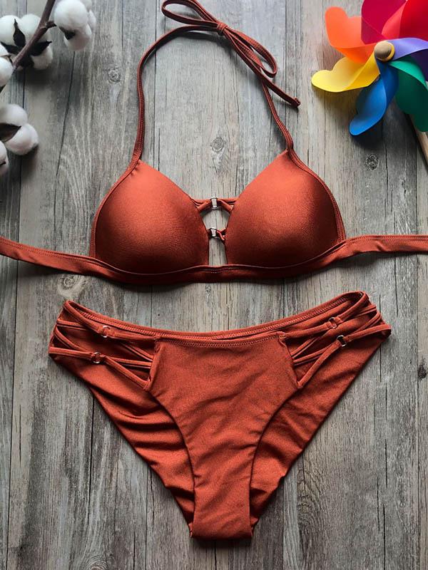 Solid Color Bandage Hollow Split Bikini Swimsuit