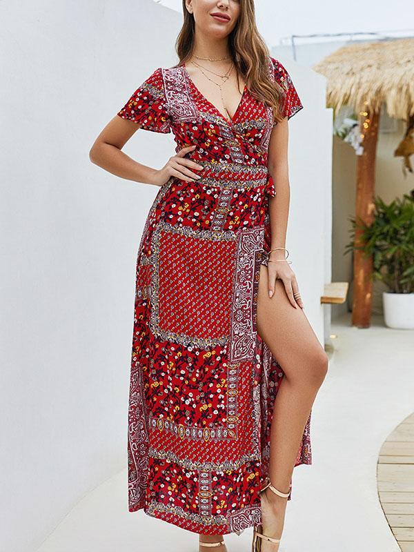 V-neck Short Sleeve Bohemian Dress