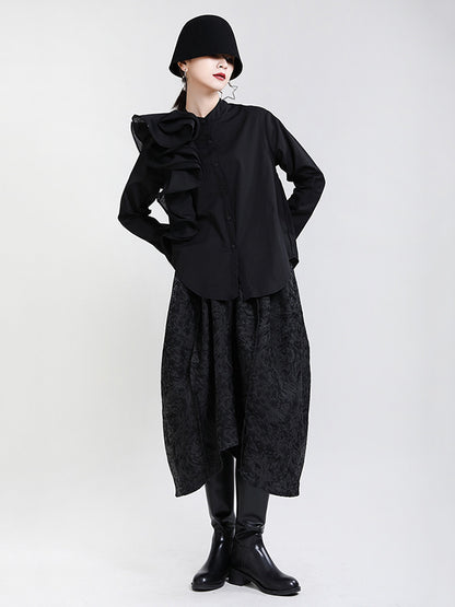 Stylish Falbala Split-Joint Solid Color Buttoned Stand Collar Long Sleeves Blouse
