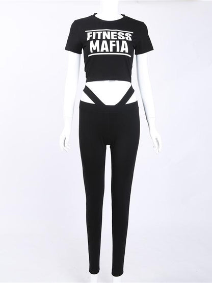Letter Print Tee&Solid Leggings Yoga&Gym Suits