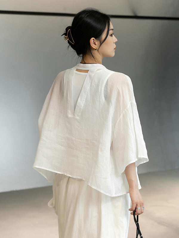 Linen Black&White Round-Neck Flared Sleeves T-Shirt