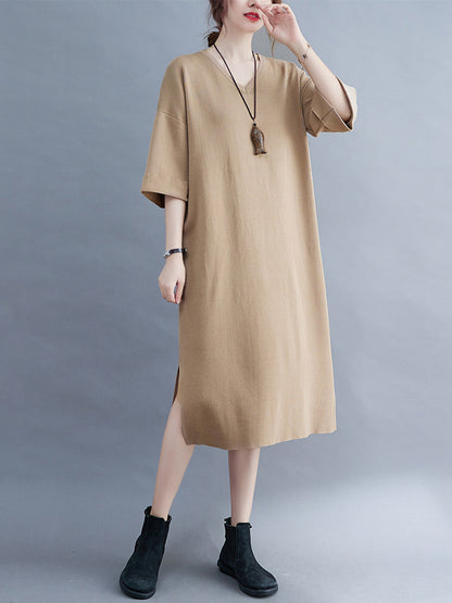Urban Solid Color V-Neck Split-Side Knitting H-Line Sweater Dress