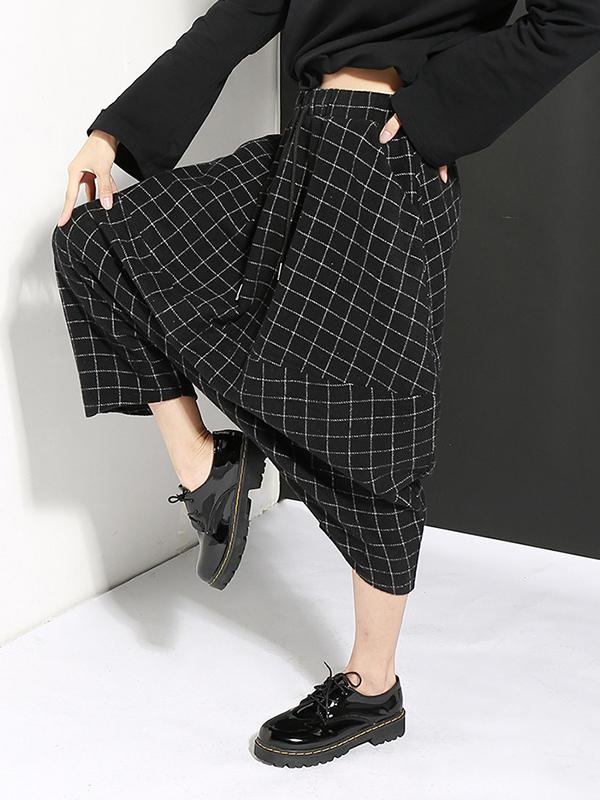 DROP-CROTCH WOOLEN PLAID CASUAL HAREM PANTS
