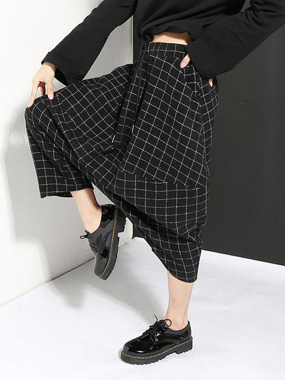 DROP-CROTCH WOOLEN PLAID CASUAL HAREM PANTS