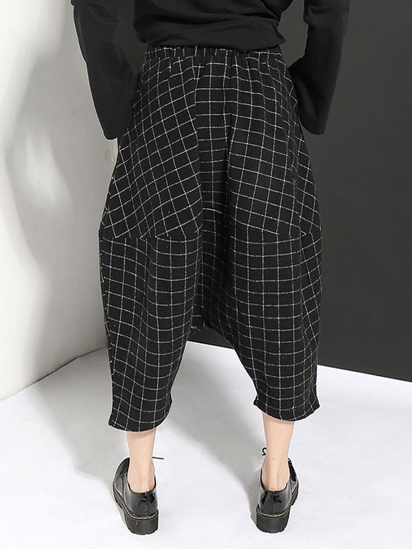 DROP-CROTCH WOOLEN PLAID CASUAL HAREM PANTS