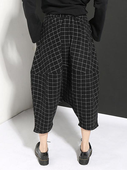 DROP-CROTCH WOOLEN PLAID CASUAL HAREM PANTS