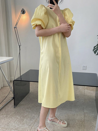 Girlish A-Line Puff Sleeves Round-Neck Midi Dress