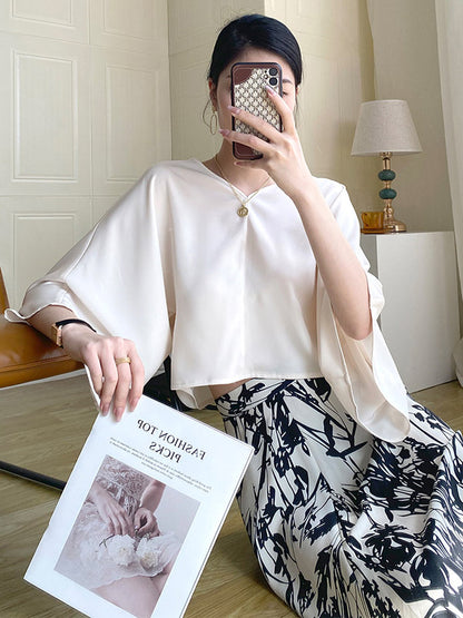 Chic Simple Solid Color Split-Joint V-Neck Batwing Sleeves T-Shirt